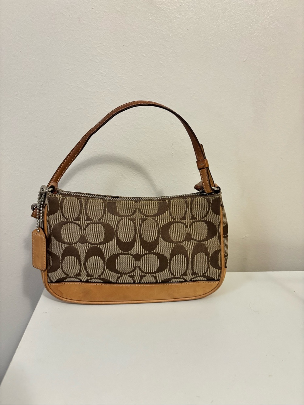 Coach Mini Shoulder Bag in Brown Signature Jacquard with Tan Trim